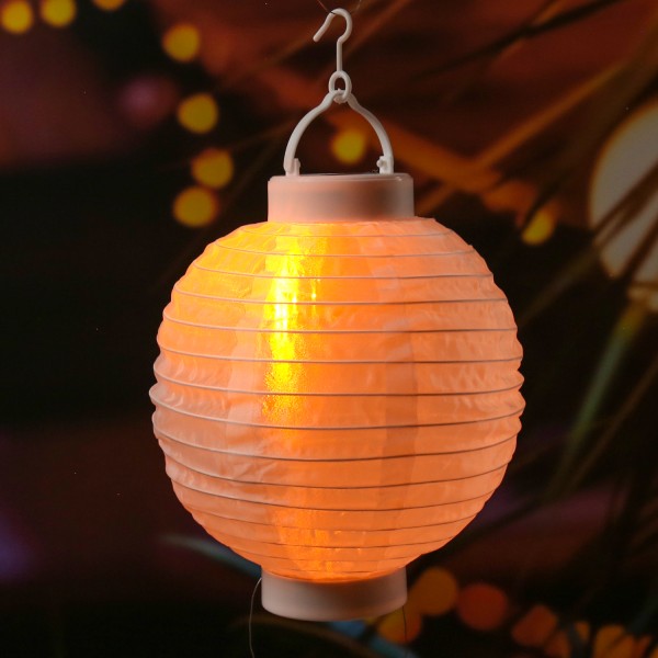 LED Solar Lampion - Flammeneffekt - 12 warmweiße LED - H: 23cm - D: 20cm - Lichtsensor - weiß