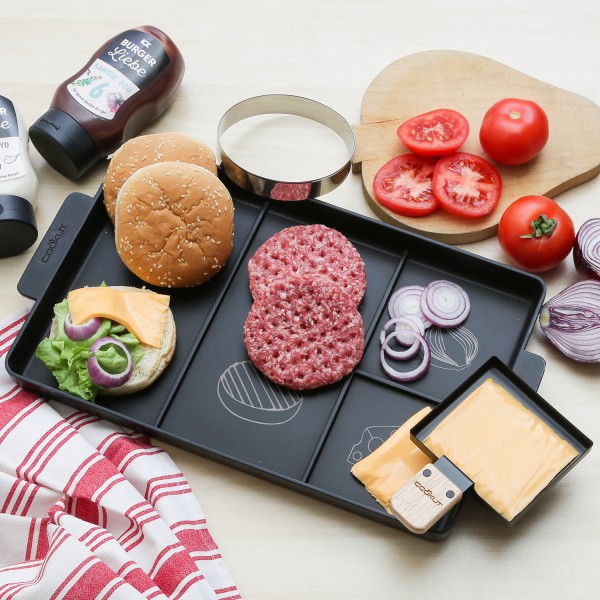 Cookut Burger Chef - Burger Set - Anrichteplatte für Burger 40x23cm - Burgerring, Pfännchen - 3in1