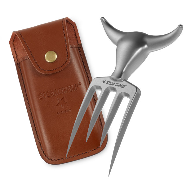 STEAK CHAMP BULL FORK Gabel mit Leder Holster - Profi Werkzeug mit Gürtelclip