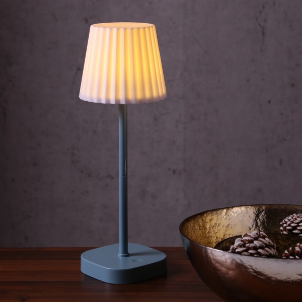 LED Garten Tischlampe - weißer Lampenschirm - 2 Helligkeitsstufen - H: 34cm - USB - für Außen - blau