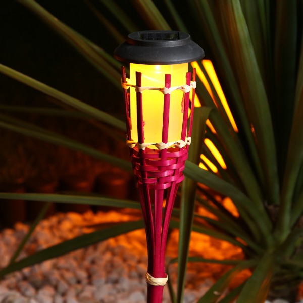 LED Solar Gartenfackel - Bambus - simulierter Flammeneffekt - H: 54cm - pink