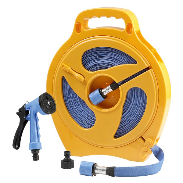 Flache Schlauchtrommel HELIX - mit 15m Schlauch, Spritze, Kupplungen - 40 x 34cm - BRUNNER