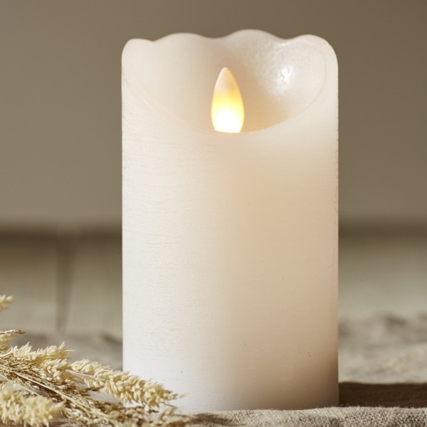 LED Kerze "Glow" - Echtwachs - warmweiße flackernde LED - Timer - H: 12,5cm, D: 7,5cm - weiß