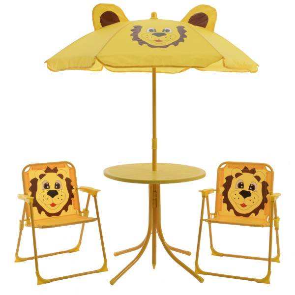 Kindersitzgruppe Löwe LIO - 2 Stühle und Tisch mit Sonnenschirm - 4teilig - gelb