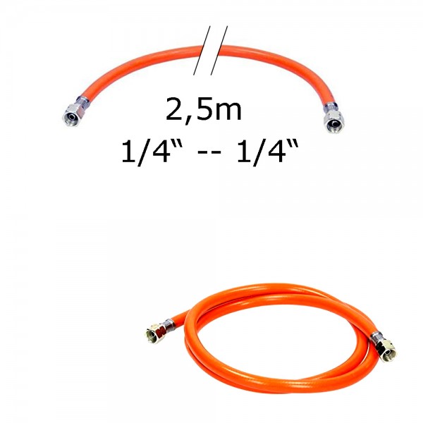 Gasschlauch 2,5m - Mitteldruck 6,3x3,5mm; Gummi + Gewebeeinlage - 1/4" auf 1/4" Überwurfmutter