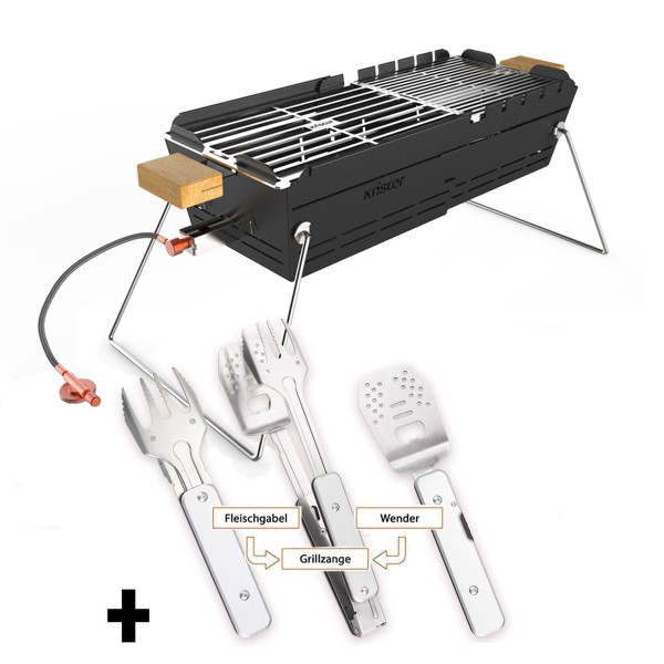 KNISTER Gasgrill + GENIUS POCKET Set - Edelstahl BBQ Klappbesteck 4-in-1 - Made in Germany