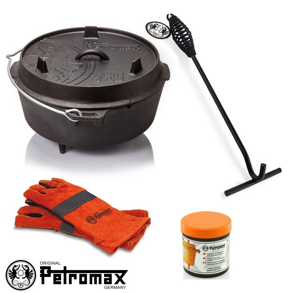 Petromax SET - 7,6 Liter Feuertopf mit Füßen (ft6), Heber/Schürhaken, 2 Feuerhandschuhe, Pflegepaste