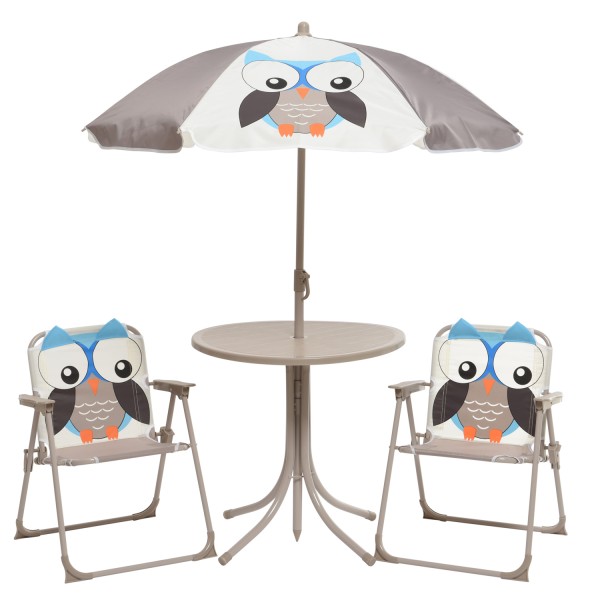 Kindersitzgruppe Eule JUDY - 2 Stühle und Tisch mit Sonnenschirm - 4teilig - braun, weiß
