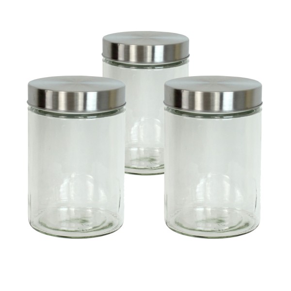Vorratsdose M - Glas mit Edelstahldeckel - 1,25 Liter - D: 11cm - H: 17cm - 3er Set
