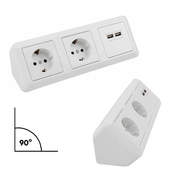 Steckdosenblock 2fach + 2x USB, Winkelmontage - Ideal für Küche, Werkstatt und Büro