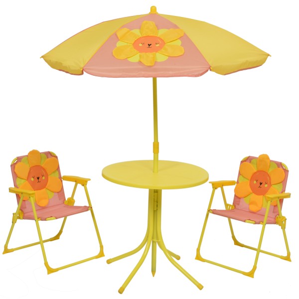Kindersitzgruppe Blume YOKO - 2 Stühle und Tisch mit Sonnenschirm - 4teilig - rosa, orange