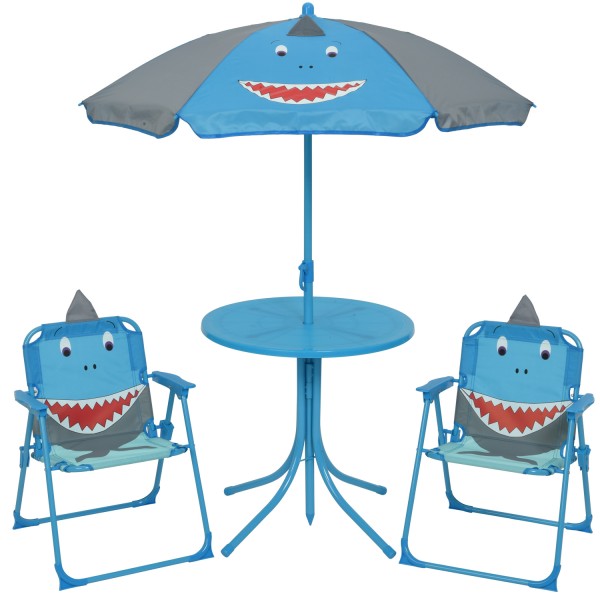 Kindersitzgruppe Haifisch TINO - 2 Stühle und Tisch mit Sonnenschirm - 4teilig - blau, grau