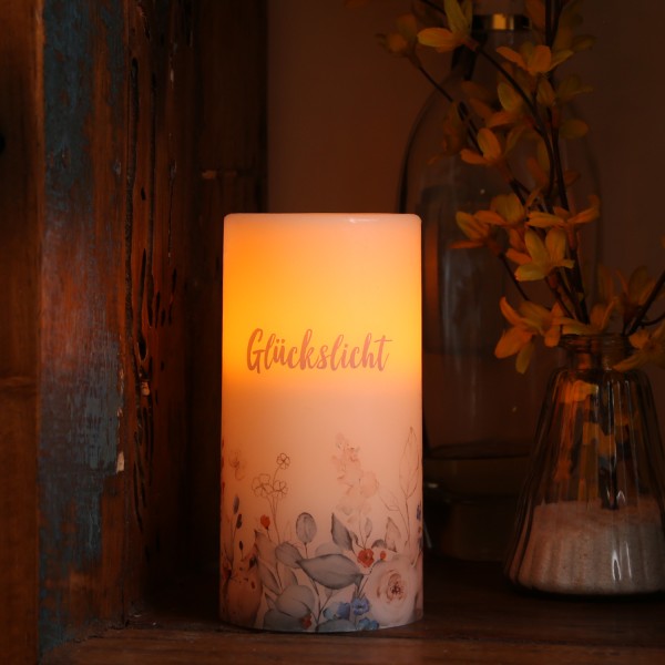 LED Kerze mit Blumenmotiv und Zitat - Echtwachs - orange flackernde LED - H: 15cm - D: 7,5cm - Innen