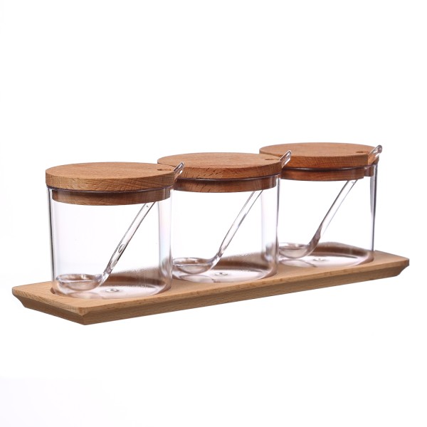 Gewürzbehälter - Vorratsdosen mit Holzdeckel, Löffel, Servierbrett - L: 28,5cm - B: 9cm - 3er Set