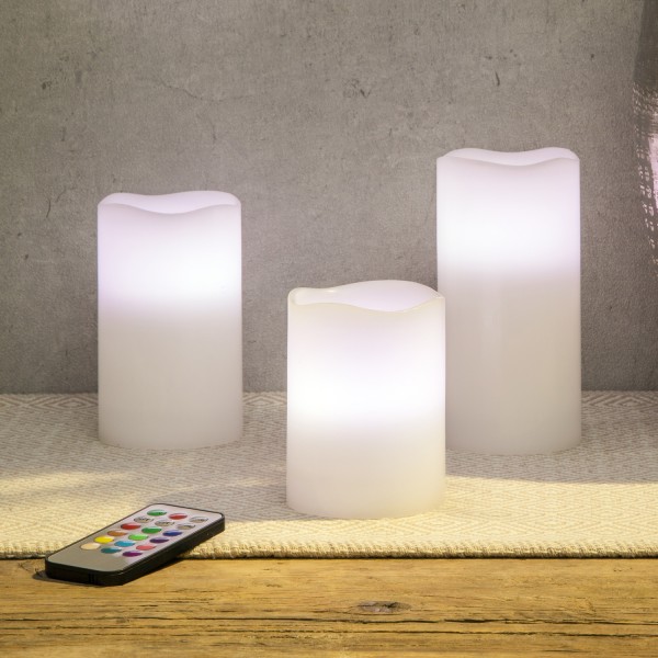 LED Kerzenset - Echtwachs - flackernd - Farbwechsel - mit Fernbedienung - Timer - weiß - 3er Set