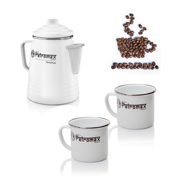 KAFFEE SET SUNDAY ON TOUR weiß - Petromax Perkolator + 2 x Emaille Tassen - Outdoor Kaffee Genuss