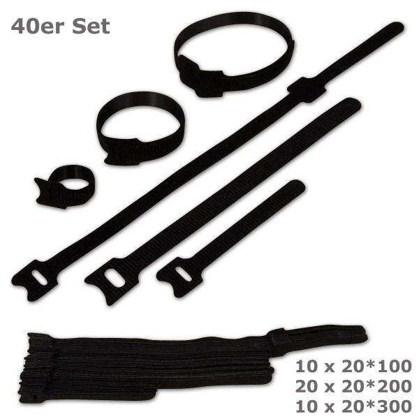 Wiederverwendbare Kabelbinder Set 40 Stück - schwarz (3 Größen) - Klettverschluss
