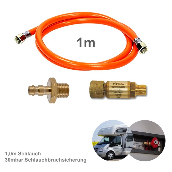 Wohnmobil Anschluss KIT 100cm - Schnellkupplung, Schlauchbruchsicherung 30mbar - Adapter 