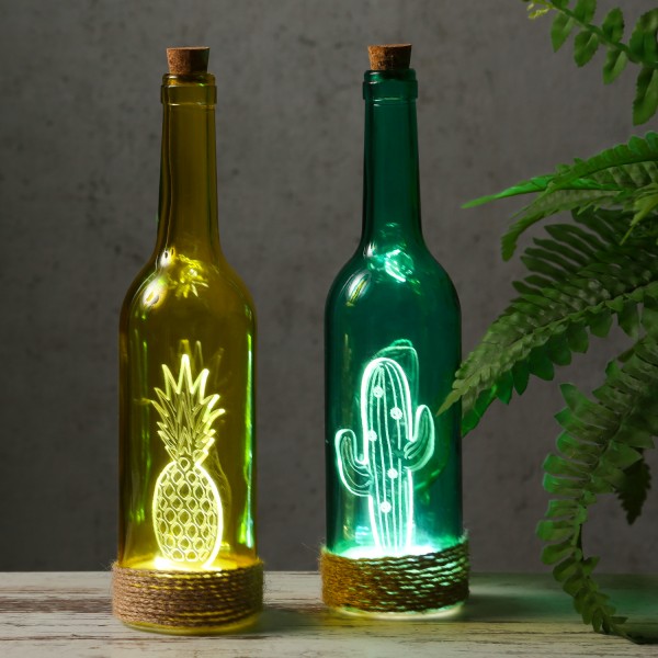 Farbige Glasflasche "Ananas" mit LED - Seil - Deko - am Flaschenboden mit 4 LED