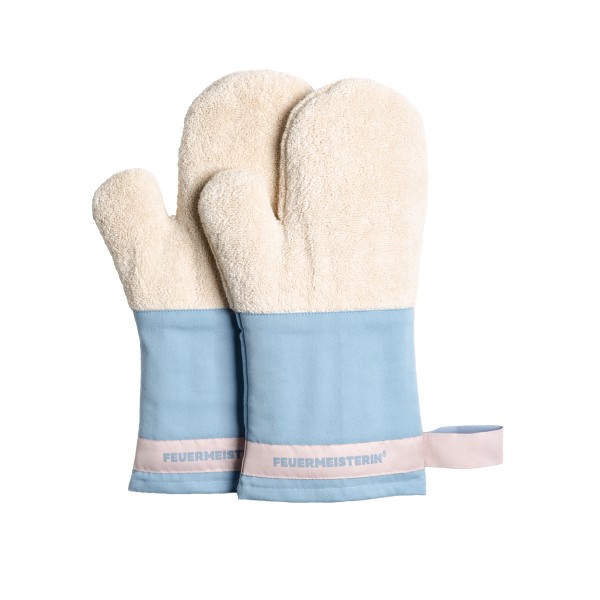 Feuermeisterin Premium Textil Back- und Kochhandschuhe blaue Stulpe/rosa Band, Paar 