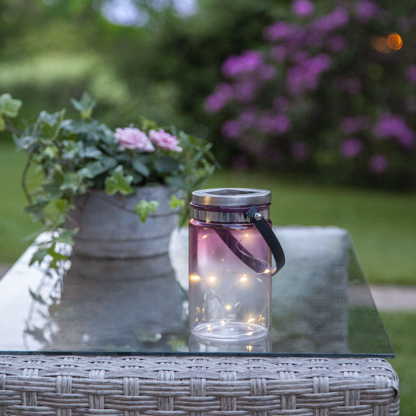 LED Solarglas TINT - LED Drahtlichterkette - Lichtsensor - H:15cm, D: 9cm - mit Aufhänger - pink