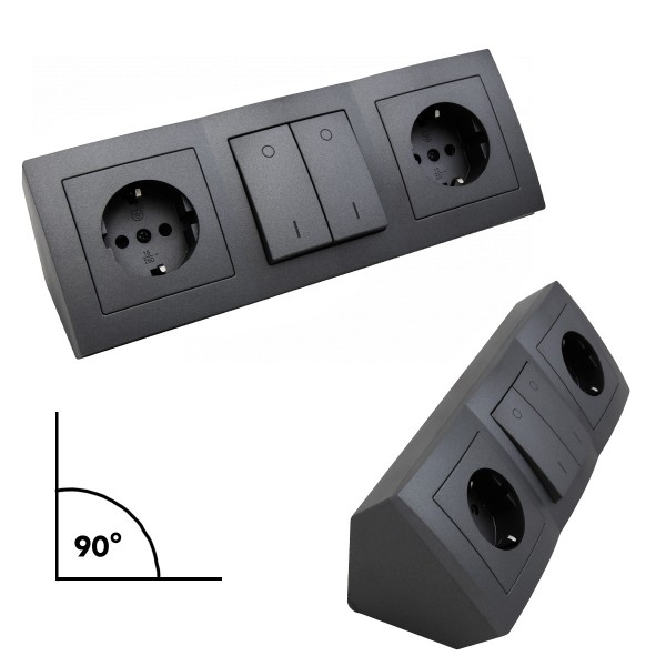 Steckdosenblock 2fach mit 2 Schaltern - schwarz - Winkelmontage - Ideal für Küche, Werkstatt & Büro