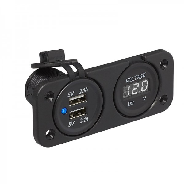 Einbau Kit: Voltmeter 6-30V + USB Doppel-steckdose 2x2100mA