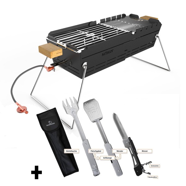 KNISTER Gasgrill + GENIUS Set - Edelstahl BBQ Klappbesteck 6-in-1 - Made in Germany