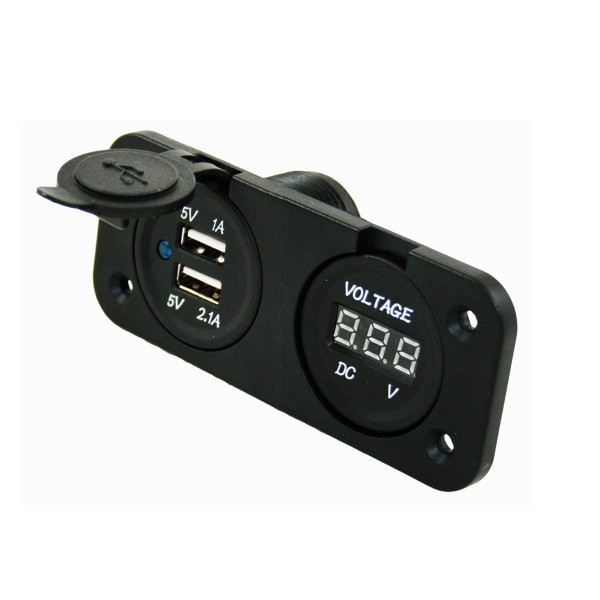Doppel USB Einbausteckdose mit Batterie - Spannungsanzeige - 12V - 2,1A + 1A Ladestrom
