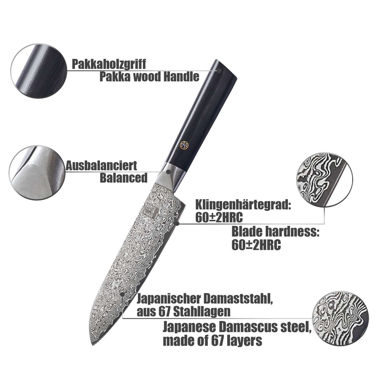 ZAYIKO Damastmesser BLACK EDITION "kleines Santokumesser ...