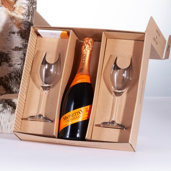 SILWY Prosecco Set - 2 x Kristallgläser + Metall-Nano-Gel-Pads + Prosecco 0,75L - Geschenkbox