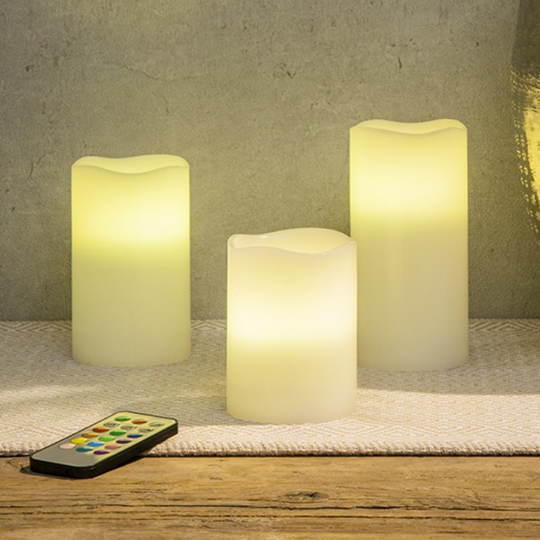 LED Kerzenset - Echtwachs - flackernd - Farbwechsel - mit Fernbedienung - Timer - weiß - 3er Set