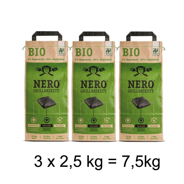 NERO BIO Grill Holzkohle Briketts - 3 x 2,5kg Sack - Garantiert ohne Tropenholz - Holz aus Deutschland