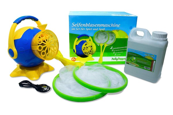 HOLLYHOPPER® Seifenblasenmaschinen Set mit 1L Qualitäts-Fluid, 2x Fang-Kescher