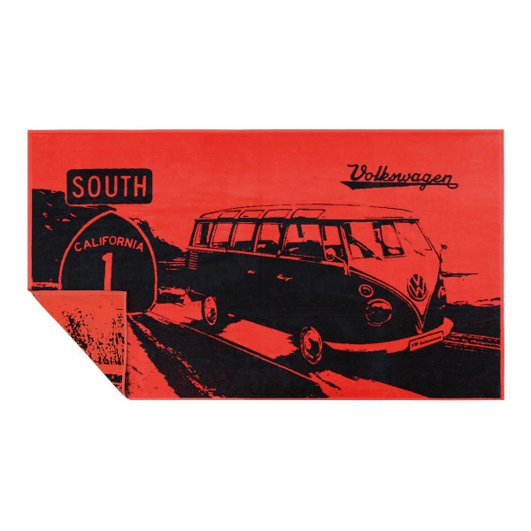 Strandtuch VW HIGHWAY 1 rot - 100% Baumwolle 420g/m² Jaquard Qualität - 190 x 90cm 