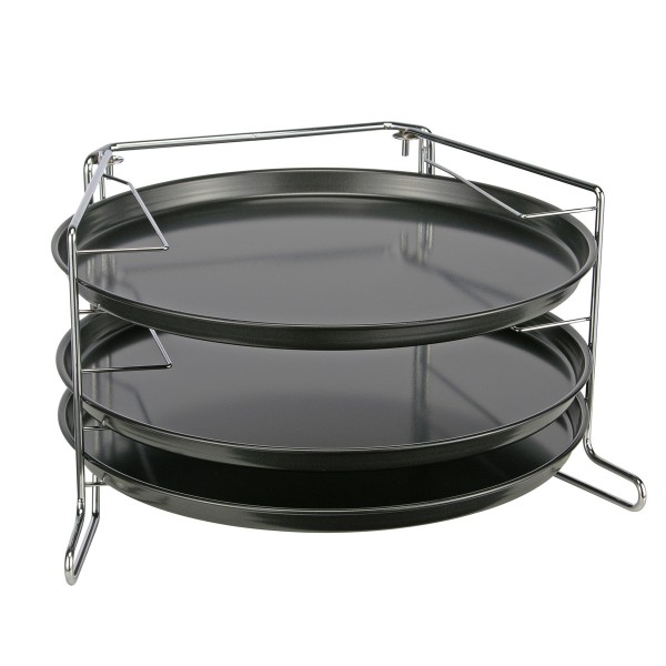 Pizzabackset mit Backofen-Aufsteller und 3 Backformen - Pizzabackformen aus Karbon-Stahl - 4tlg.