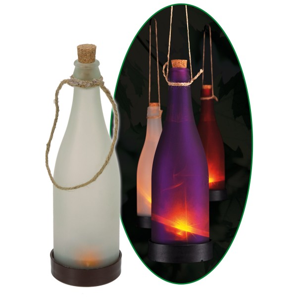 LED Solar Flasche weiß - Dekoleuchte für Garten - gelb flackernde LED