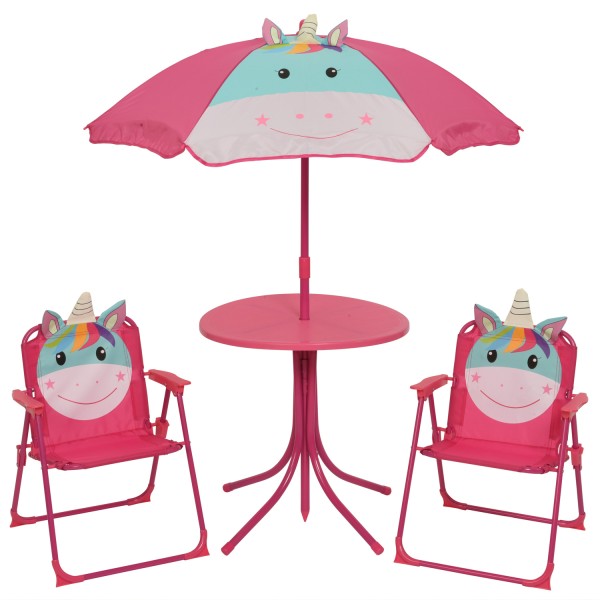 Kindersitzgruppe Einhorn FIONA - 2 Stühle und Tisch mit Sonnenschirm - 4teilig - pink, rosa