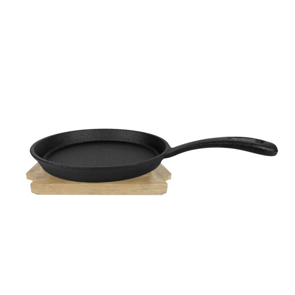 Minipfanne mit Stiel u. Holzuntersetzer - Gusspfanne - Gusseisen - D: 13cm - Servierpfanne